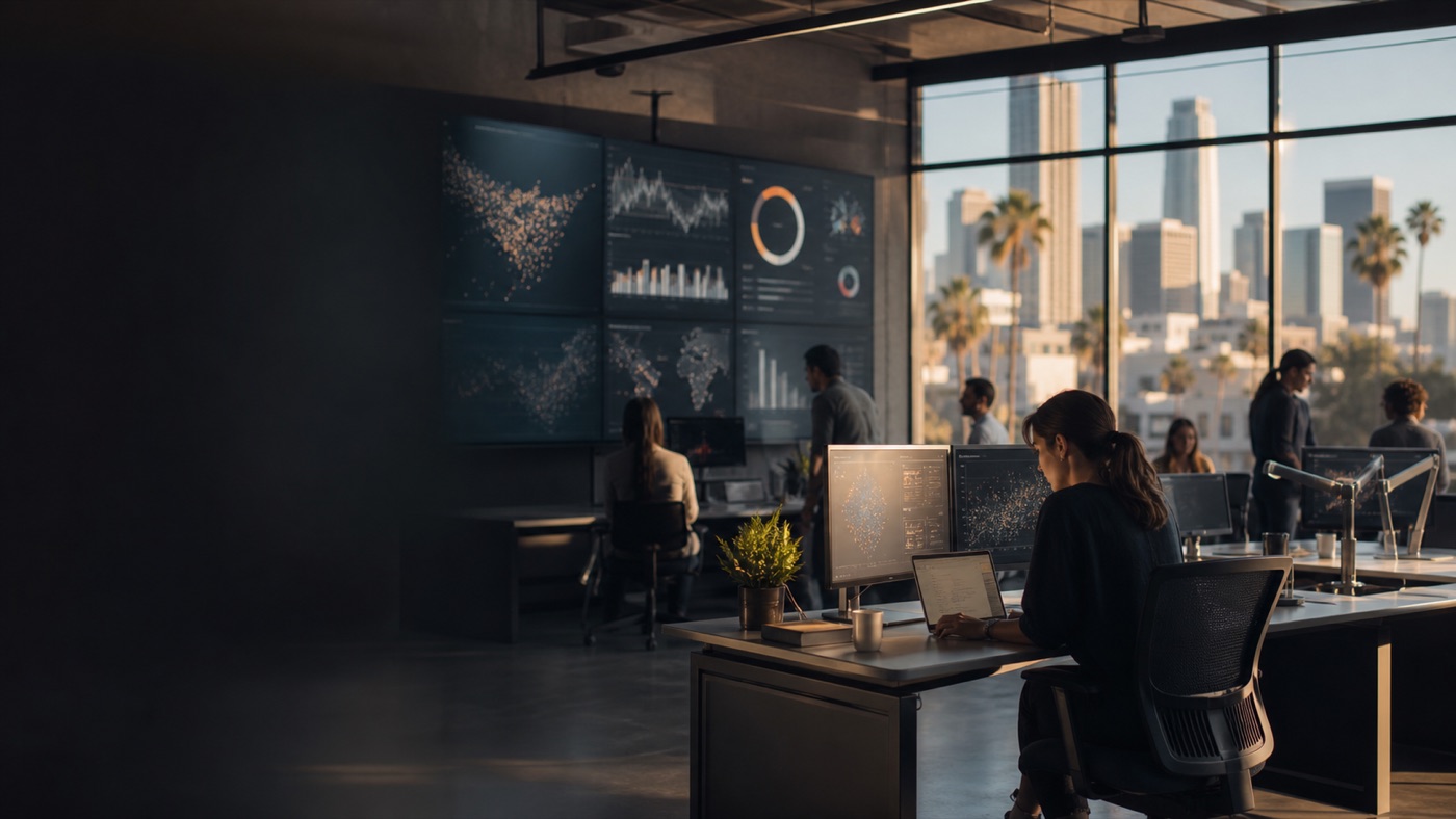 Modern AI newsroom workspace in Los Angeles